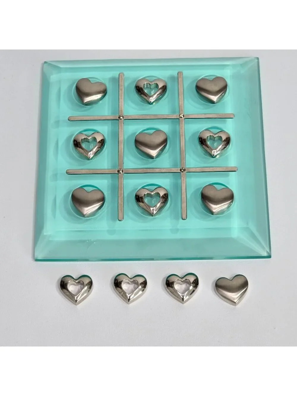 Tic Tac Toe Set Glass Board Mini Game 13 Heart Shaped Metal Pieces EliteCrafters